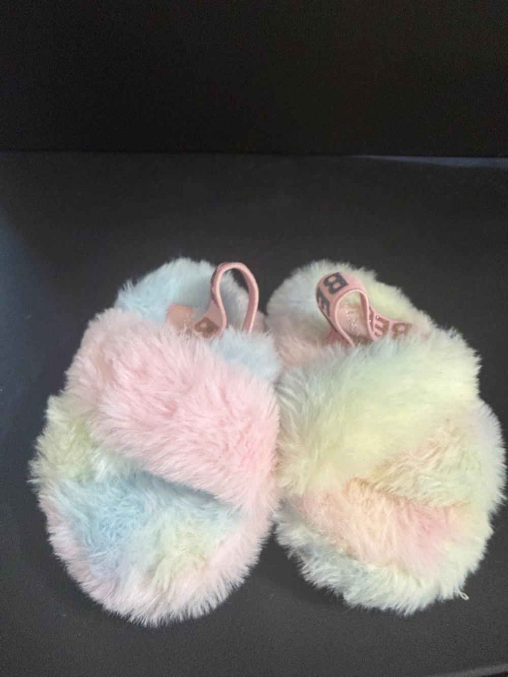 bebe Pastel Rainbow Fuzzy Slide Sandals